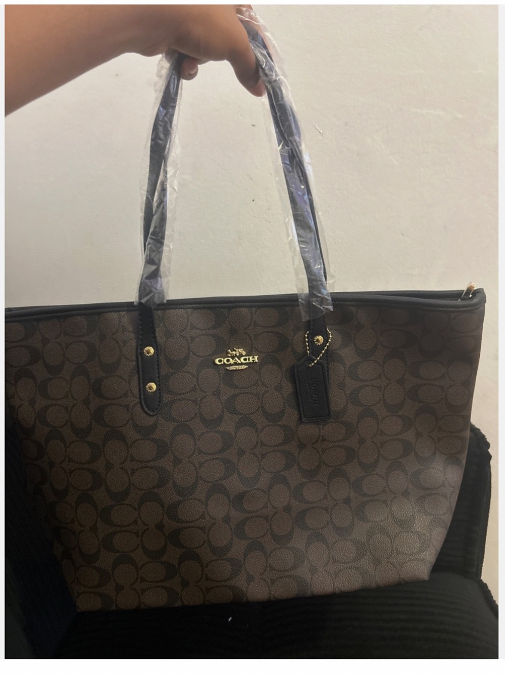Coach Brown Signature Logo Tote with Black Trim and Gold Hardware